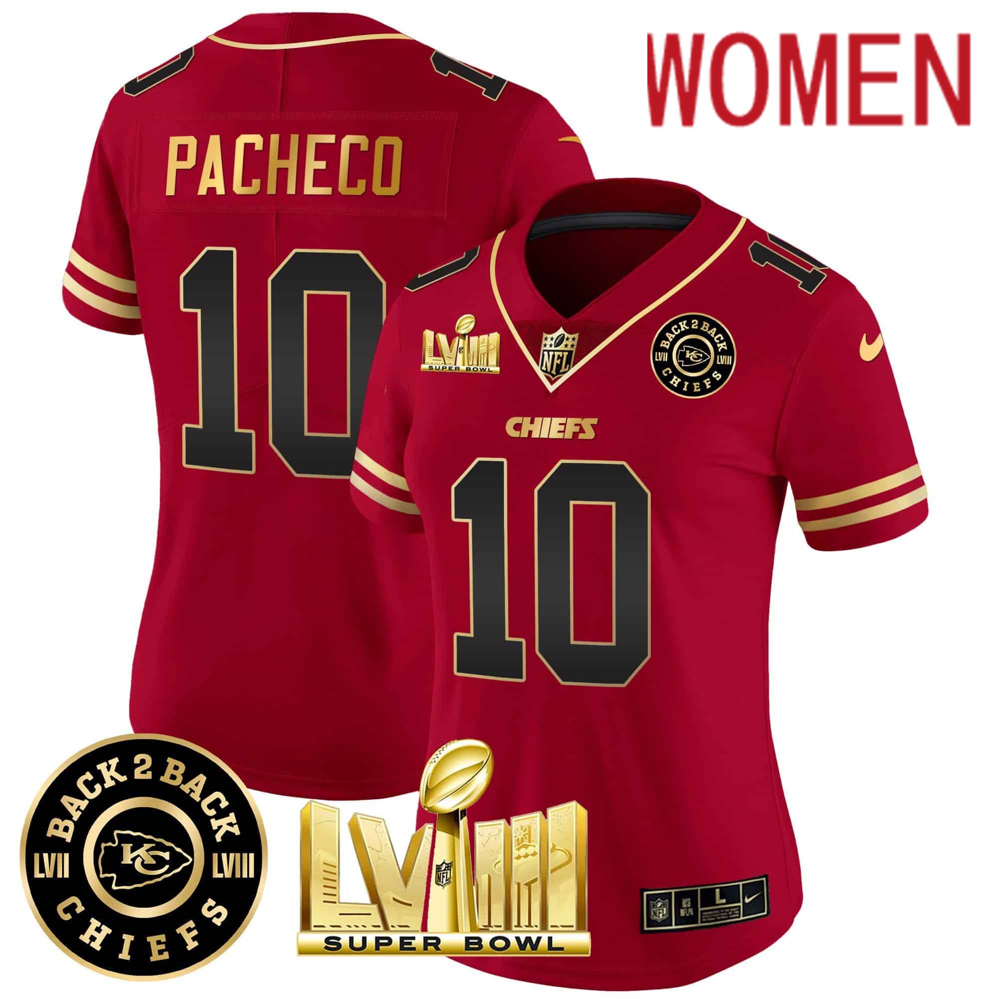Women Kansas City Chiefs #10 Pacheco Red 2024 Nike Super Bowl LVIII & Back-2-Back Patch Vapor NFL Jersey style 1